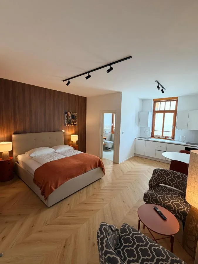 Street Apartment: postelja, lesena stena in kuhinja